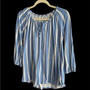Blue and White Striped Women's Peasant Top